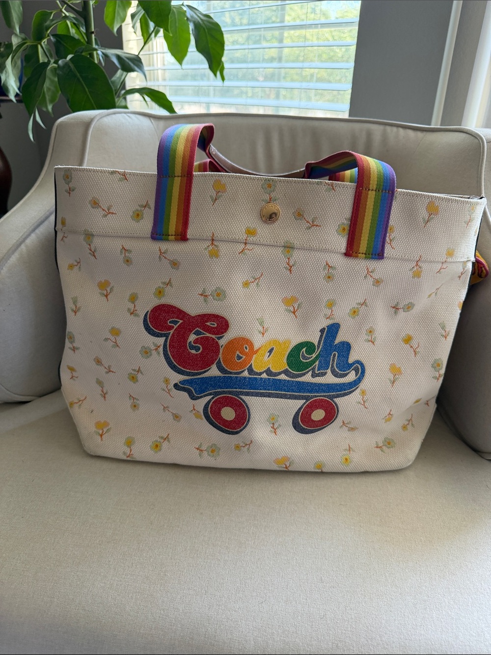 Coach Cream Canvas Tote with Rainbow Logo and Handles